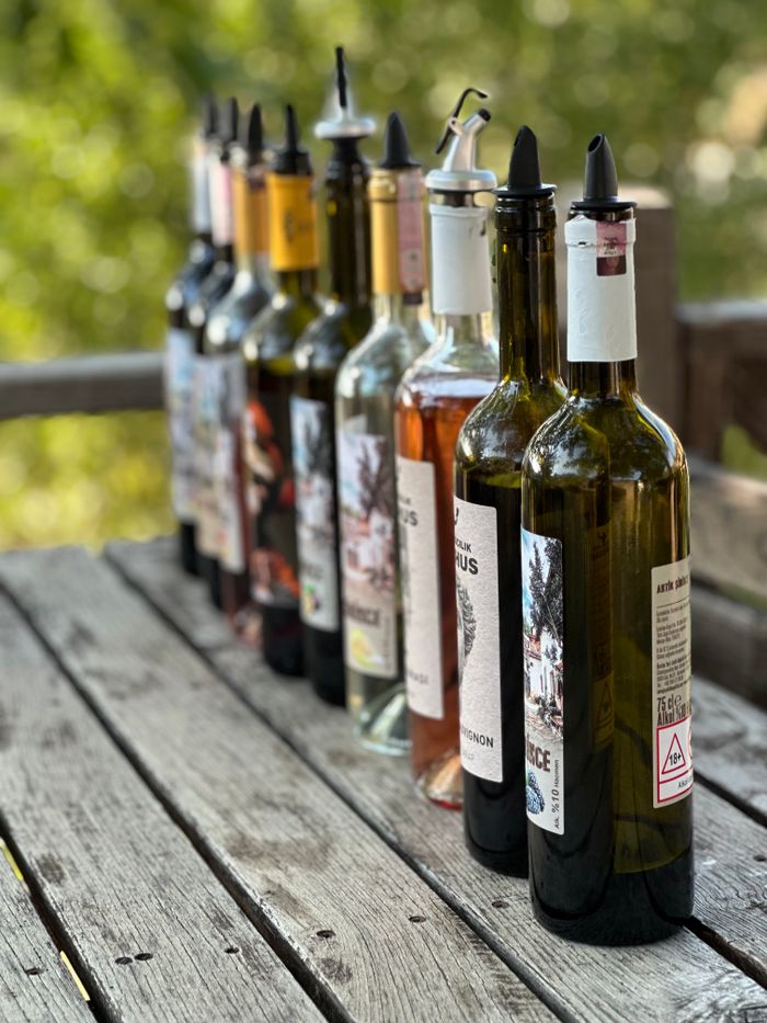 A collection of wine bottles arranged on a rustic wooden table in Şirince, İzmir, Türkiye, with a lush green backdrop.